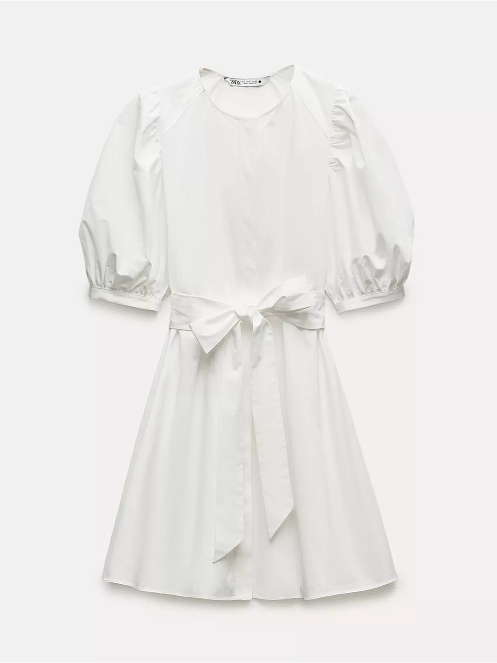 Zara White Puff-Sleeve Tie-Waist Mini Dress NWT M